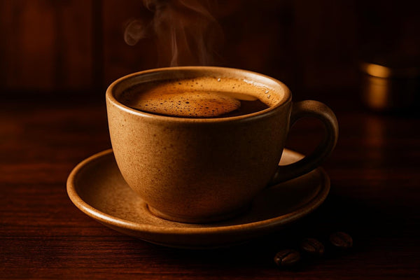 Chicory Coffee in a ceramic mug on an oak bar