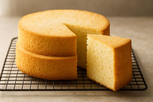 Two bare, level rounds of chiffon cake layers stacked on a cooling rack with one slice cut to show the crumb