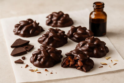 Homemade chocolate almond clusters on parchment