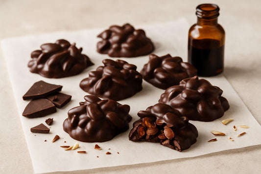 Homemade chocolate almond clusters on parchment