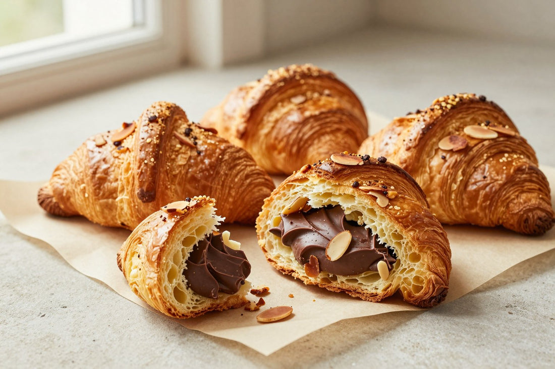 Golden, flaky chocolate almond croissants on parchment, one torn open to show the honeycomb layers