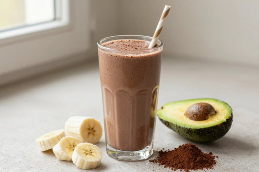 A tall glass of thick, creamy chocolate avocado protein shake with a straw, a few of its fresh ingredients beside it