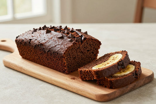 A loaf of chocolate banana bread on a wooden board, two thick slices cut to show the moist crumb