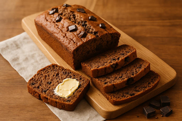 Chocolate Banana Bread loaf with sliced pieces on an oak board