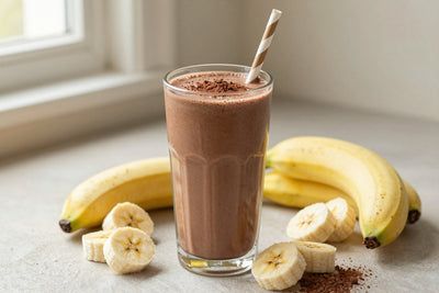 A tall glass of thick, creamy chocolate banana protein shake with a straw, a few of its fresh ingredients beside it