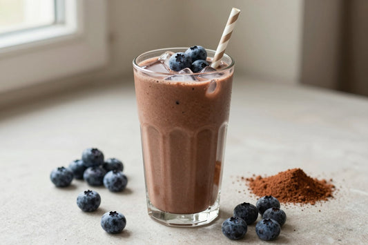 Chocolate Blueberry Protein Smoothie in a glass