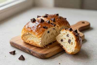A glossy, deep golden chocolate brioche on a wooden board, one piece torn open to show the soft, feathery crumb