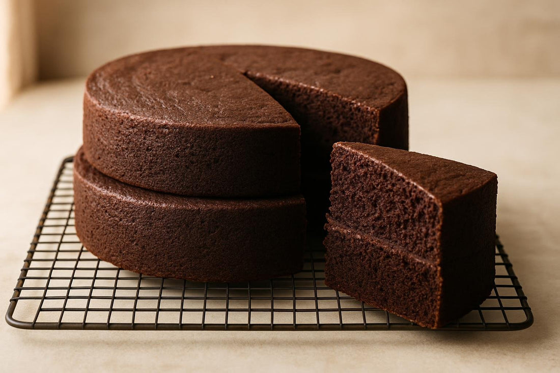 Two bare, level rounds of chocolate butter cake layers stacked on a cooling rack with one slice cut to show the crumb