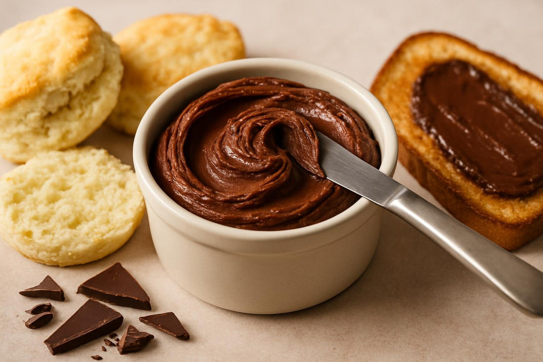 Chocolate Butter in a crock with warm biscuits