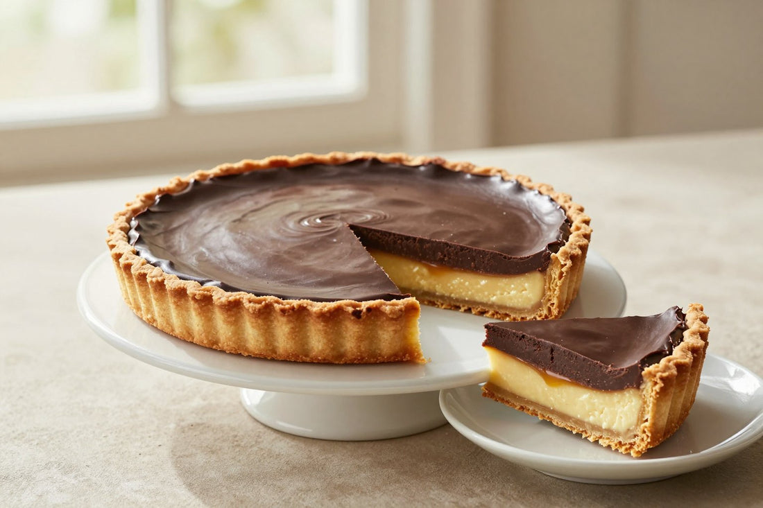 A chocolate caramel tart on a cake stand with one slice cut out and served on a small plate