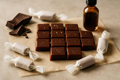 Chocolate Caramels cut and wrapped in wax paper