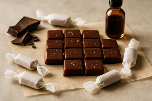 Chocolate Caramels cut and wrapped in wax paper