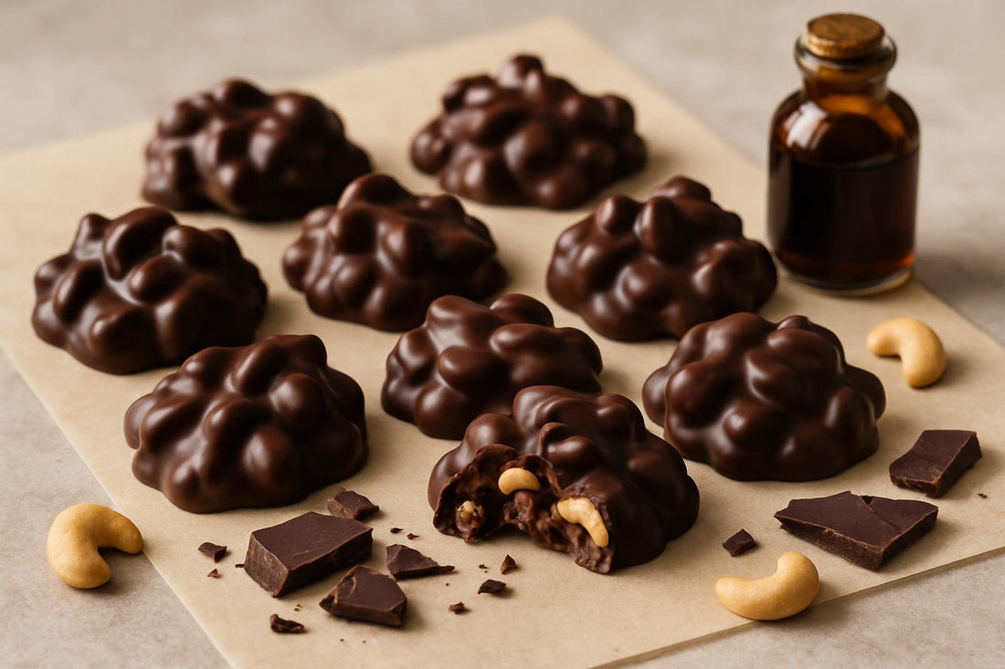 Homemade chocolate cashew clusters on parchment