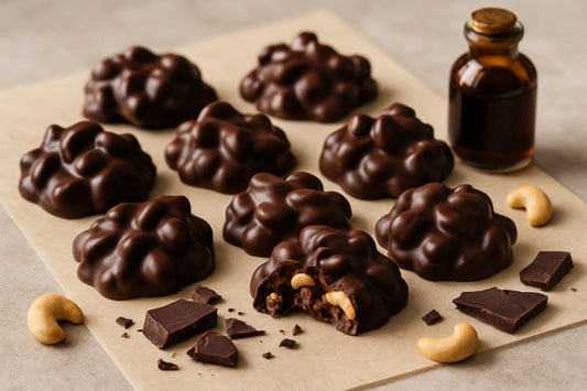 Homemade chocolate cashew clusters on parchment