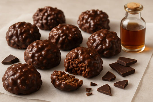 Homemade chocolate cereal clusters on parchment
