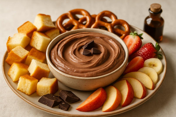 Bowl of chocolate cheesecake dip with brioche, pretzels and fruit