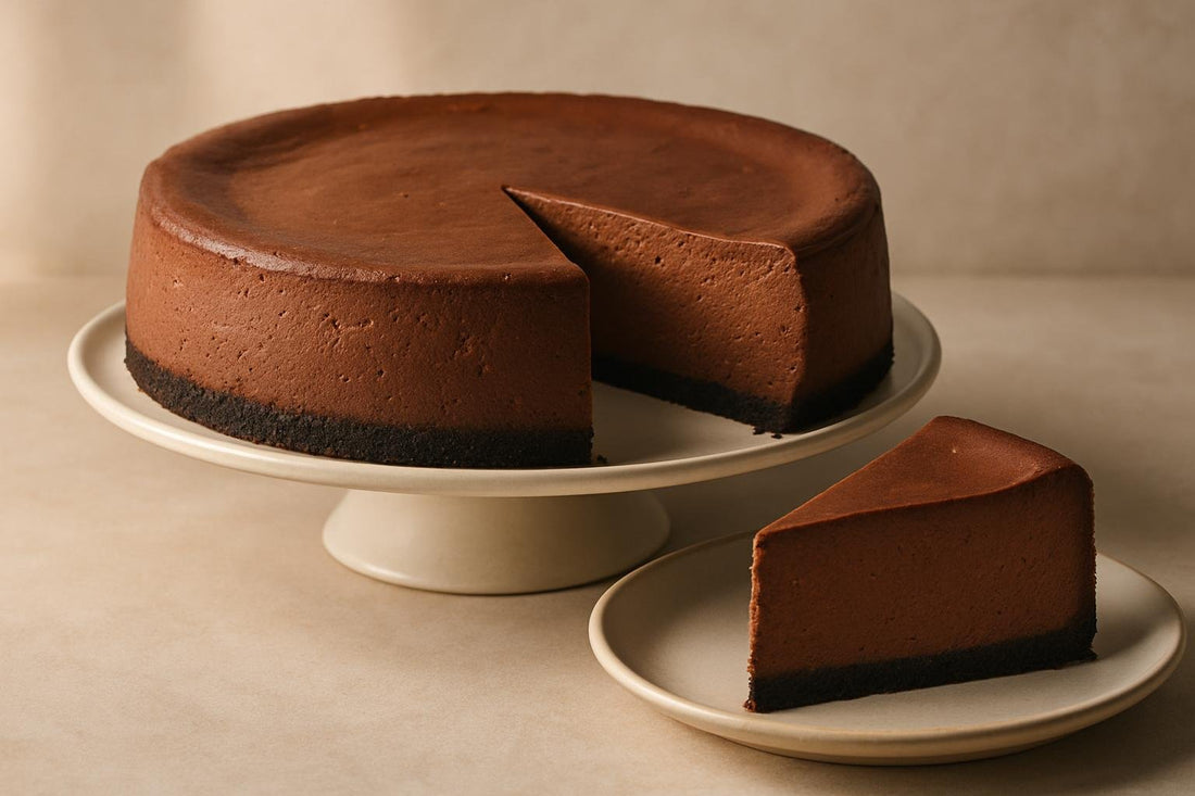 A whole, untopped chocolate cheesecake on a cake stand with one slice cut and set on a plate