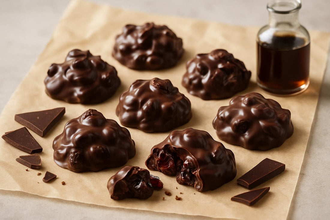 Homemade chocolate cherry clusters on parchment