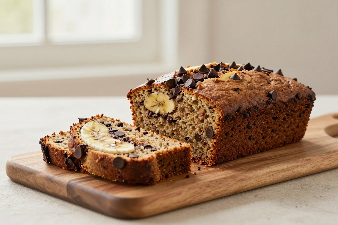A loaf of chocolate chip banana bread on a wooden board, two thick slices cut to show the moist crumb
