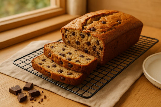 Chocolate Chip Banana Bread loaf with sliced pieces on an oak board