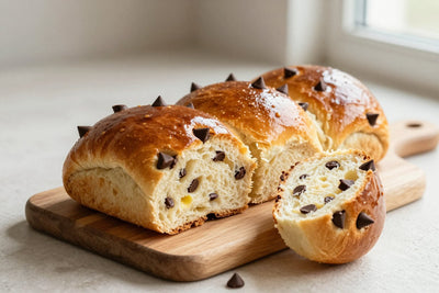 A glossy, deep golden chocolate chip brioche on a wooden board, one piece torn open to show the soft, feathery crumb