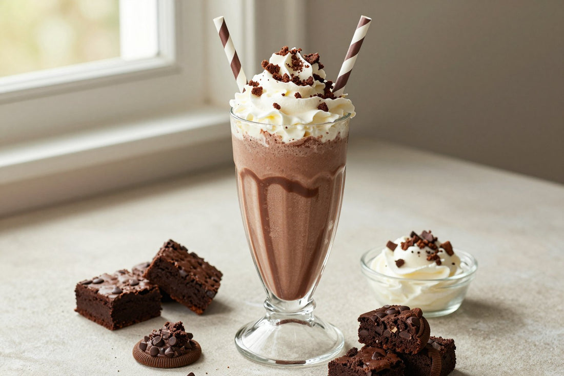 Chocolate Chip Brownie Cookie Milkshake in a glass