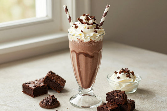 Chocolate Chip Brownie Cookie Milkshake in a glass