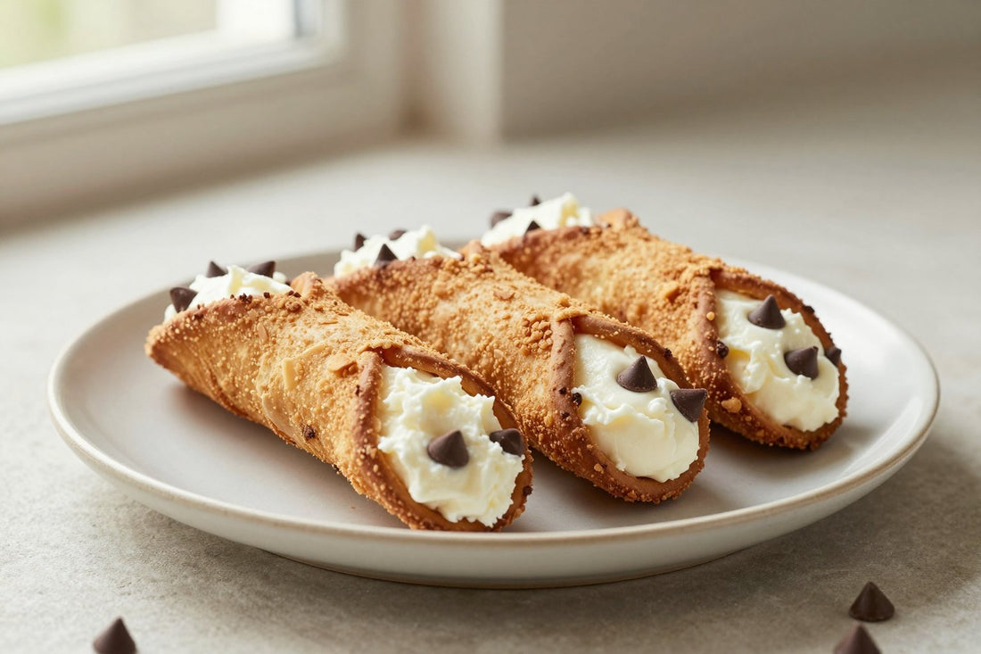 Chocolate chip cannoli on a plate, crisp shells with the creamy filling piped out of both ends