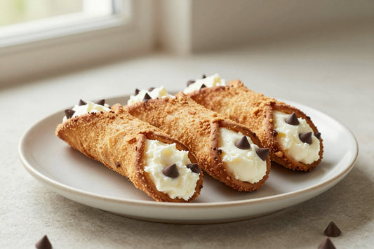 Chocolate chip cannoli on a plate, crisp shells with the creamy filling piped out of both ends