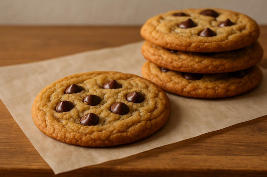 Chocolate chip cookie cooling on parchment on a wooden table, a few stacked