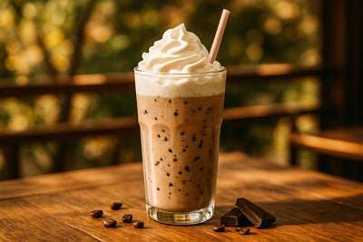 Chocolate Chip Frappé in a glass on an oak patio table