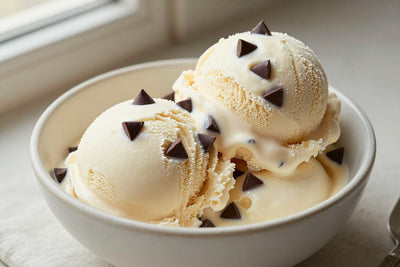 Two generous scoops of chocolate chip ice cream in a shallow ceramic bowl, softly melting at the edges