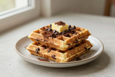 A stack of golden chocolate chip waffles on a plate with a pat of butter and the toppings from the recipe