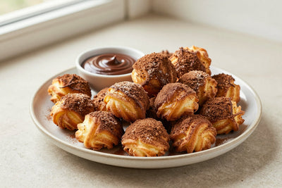 Chocolate churro bites piled on a plate, coated in cinnamon sugar, with a small bowl of dipping sauce