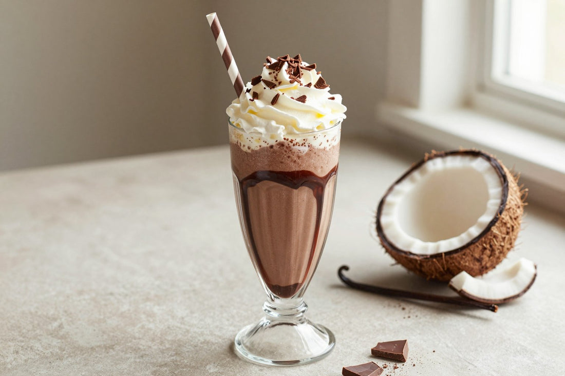 Chocolate Coconut Candy Milkshake in a glass