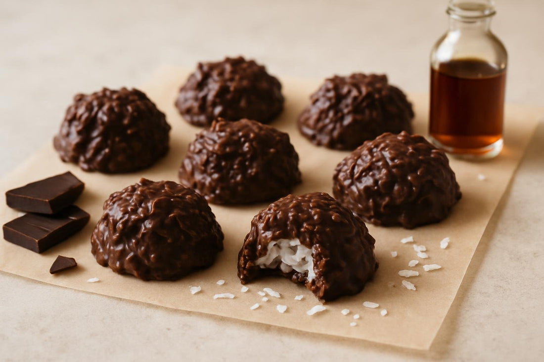 Homemade chocolate coconut clusters on parchment