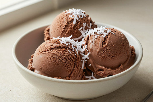 Two generous scoops of chocolate coconut ice cream in a shallow ceramic bowl, softly melting at the edges