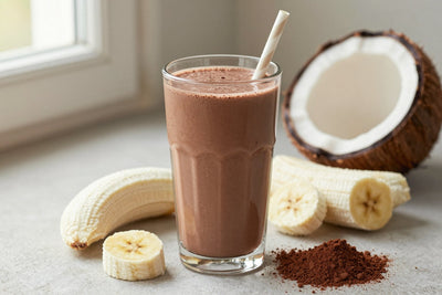 A tall glass of thick, creamy chocolate coconut protein shake with a straw, a few of its fresh ingredients beside it