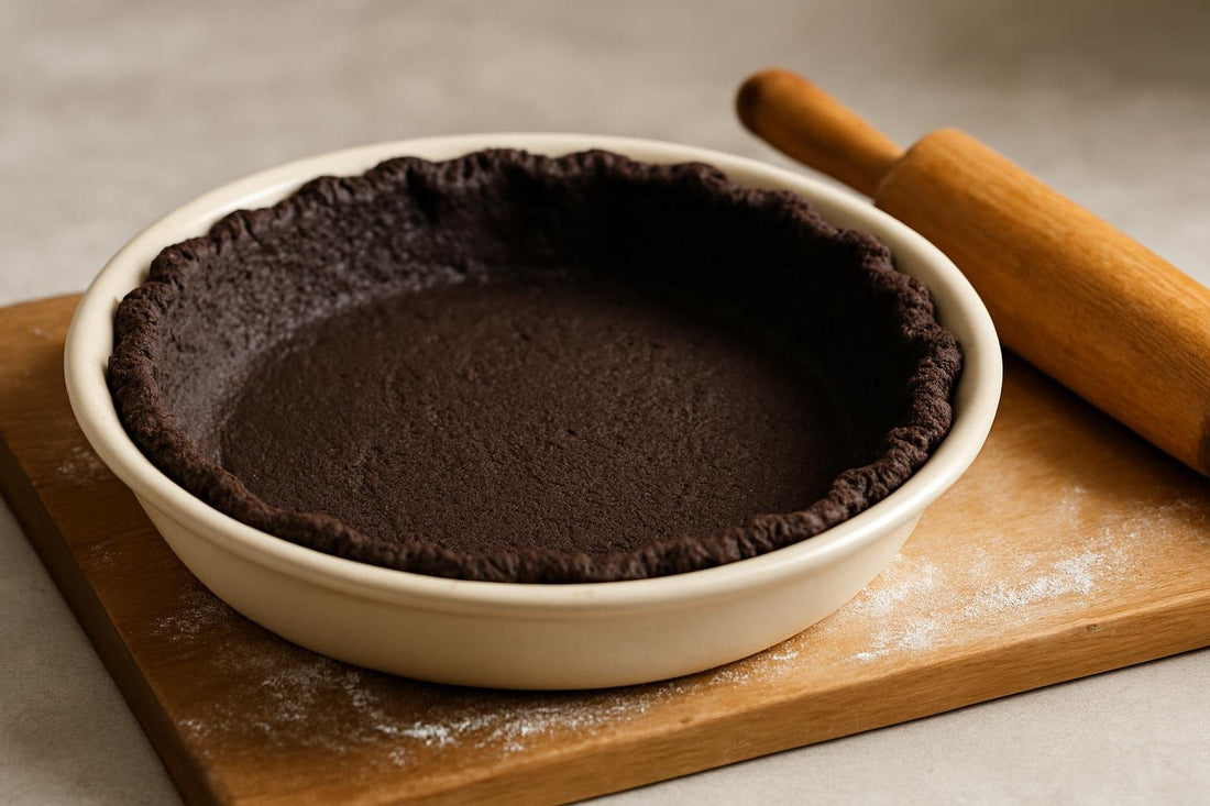 An unfilled, crimped chocolate cookie crumb crust in a ceramic pie plate on a floured wooden board with a rolling pin beside 