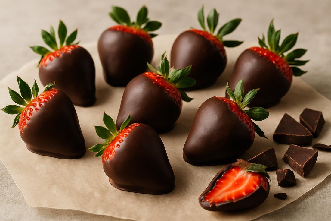 Homemade chocolate covered strawberries on parchment