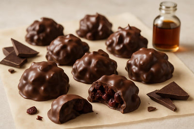 Homemade chocolate cranberry clusters on parchment