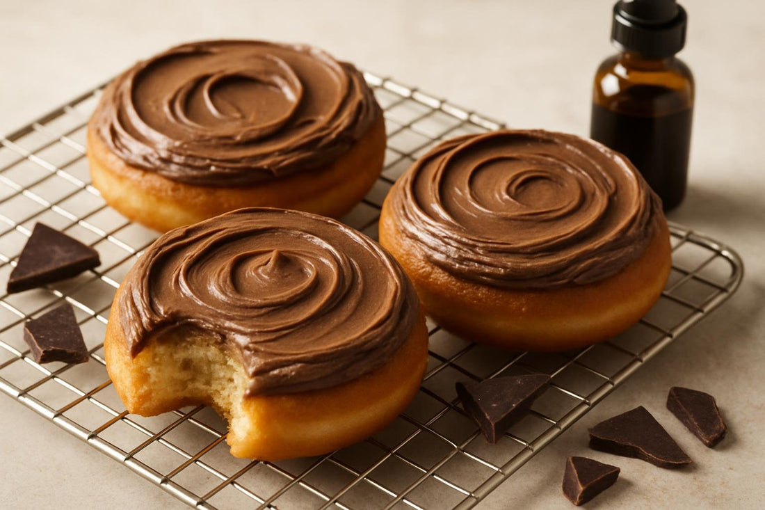 Doughnuts finished with chocolate cream cheese frosting on a cooling rack