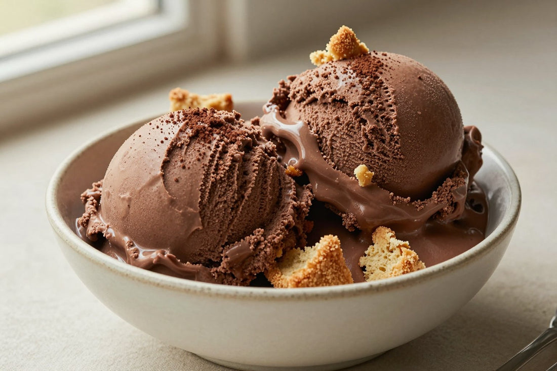 Two generous scoops of chocolate cream pie ice cream in a shallow ceramic bowl, softly melting at the edges