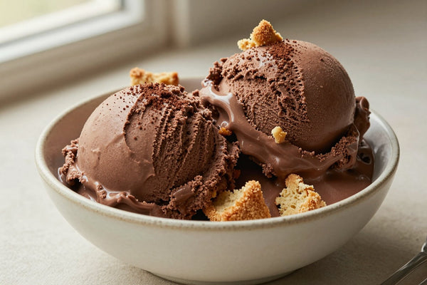 Two generous scoops of chocolate cream pie ice cream in a shallow ceramic bowl, softly melting at the edges