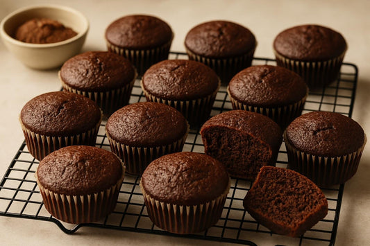 A dozen unfrosted chocolate cupcakes in paper liners on a cooling rack, golden domes, one split to show the crumb