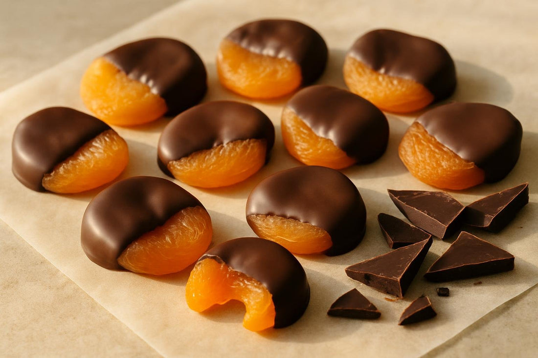Homemade chocolate dipped apricots on parchment