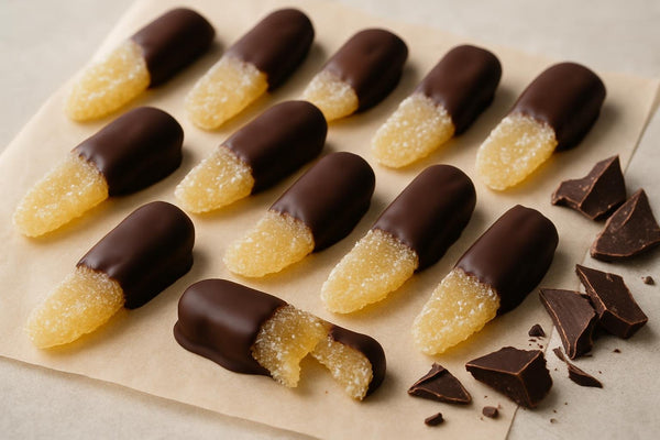 Homemade chocolate dipped candied ginger on parchment