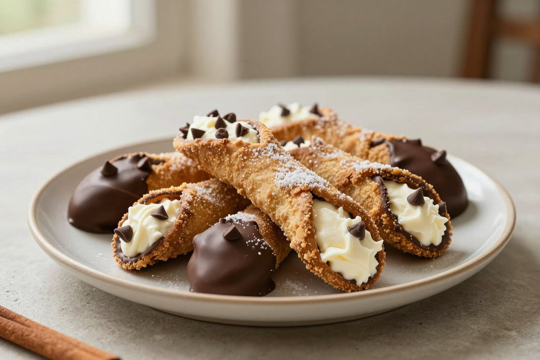Chocolate-dipped cannoli on a plate, crisp shells with the creamy filling piped out of both ends