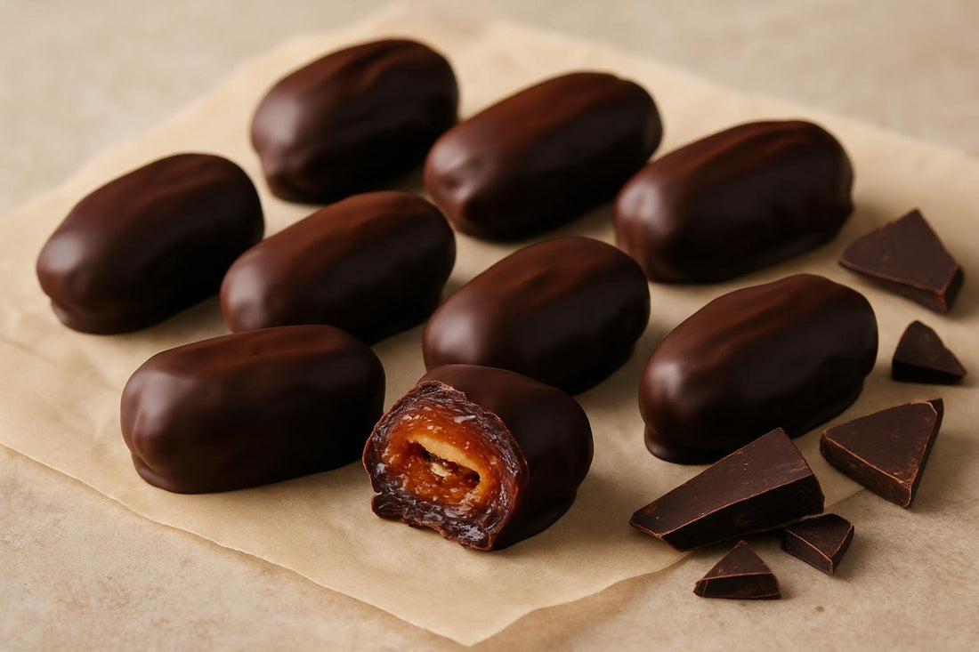 Homemade chocolate dipped dates on parchment