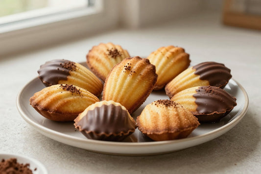 Shell-shaped chocolate-dipped madeleines on a plate, showing their golden humps and ridged sides